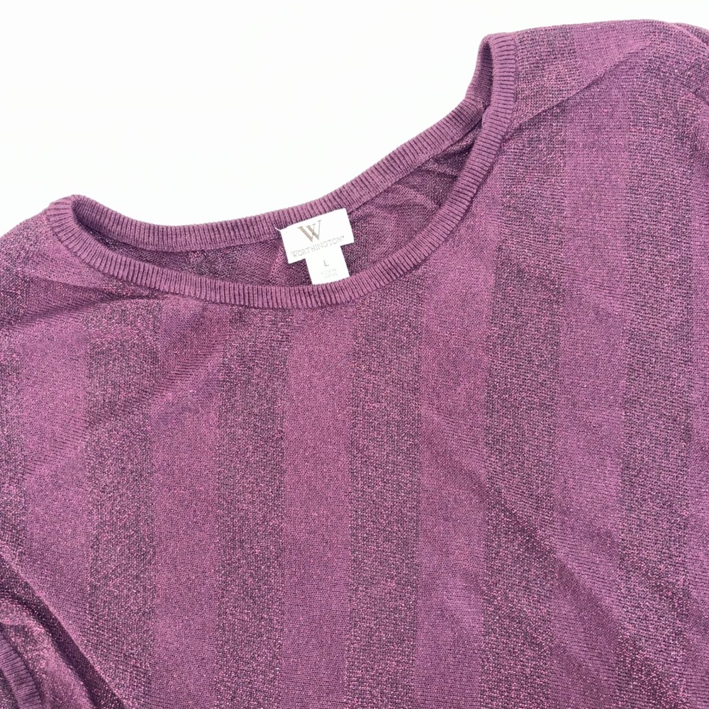 Worthington Womens Plum Purple Metallic Knit Short Sleeve Top Large